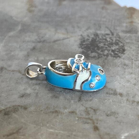 Sterling Silver 925 Blue Blank Engraveable Baby Boy Shoe Pendant Charm Baby Gift - Picture 4 of 14